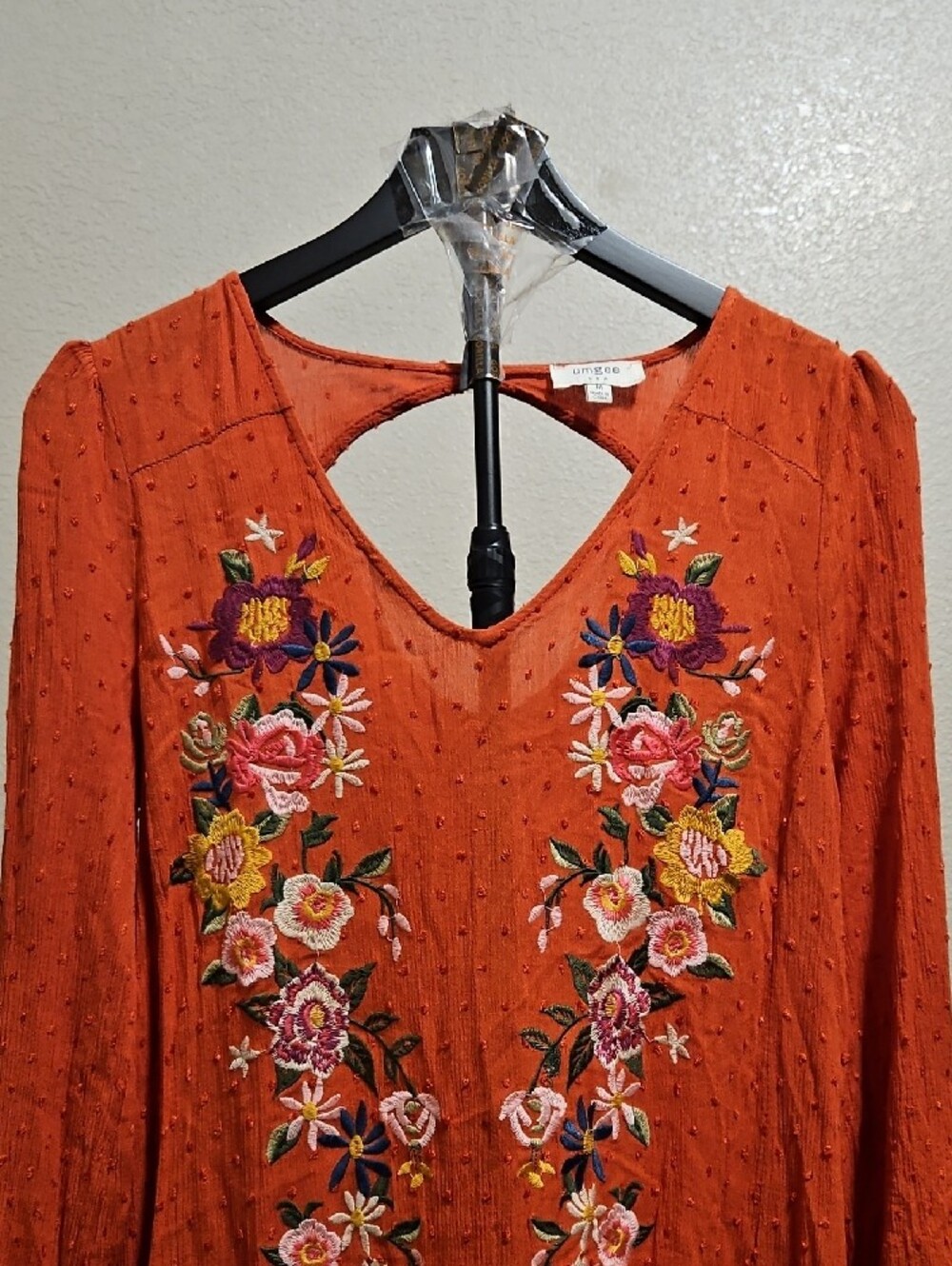 Umgee Orange Long-Sleeve Embroidered V-Neck Dress - Picture 2 of 7